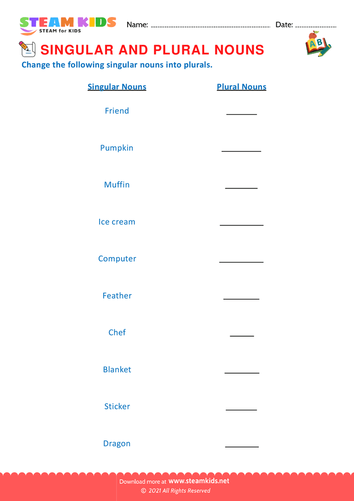 Free English Worksheet - Singular and Plural Nouns G2 - Worksheet 3