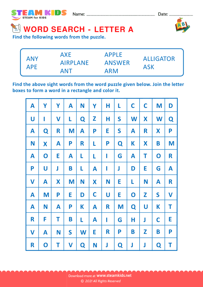 Free English Worksheet - Word Search - Worksheet Letter A