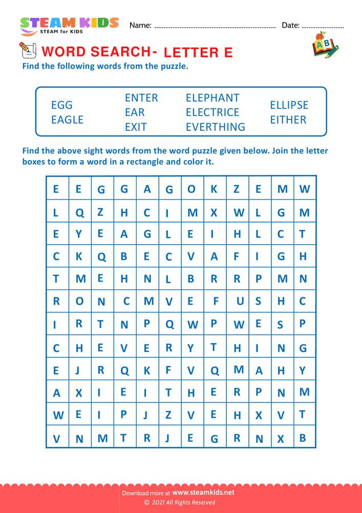 Free English Worksheet - Word Search - Worksheet Letter E