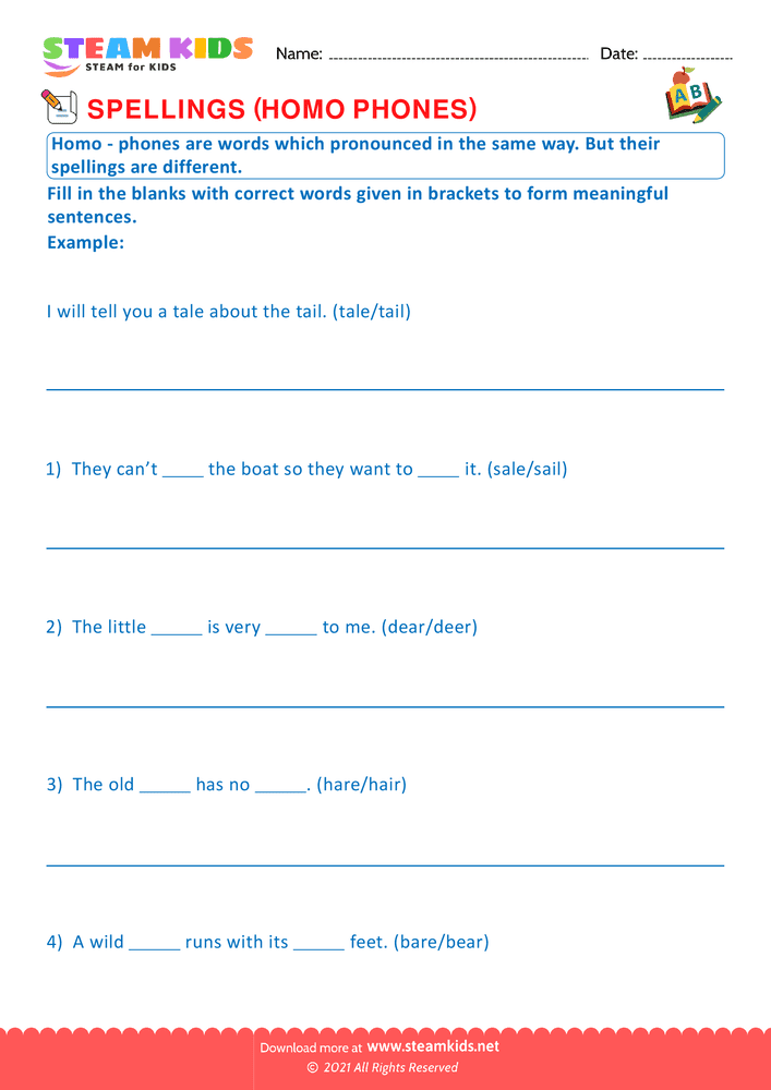 Free English Worksheet - Spellings Homophones G2 - Worksheet 1