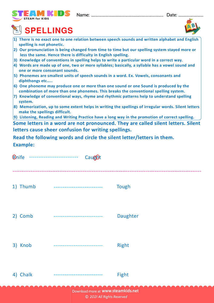 Free English Worksheet - Spellings - Worksheet Silent letters - Worksheet 1