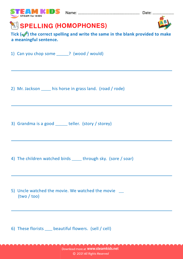 Free English Worksheet - Spellings Homophones G2 - Worksheet 6