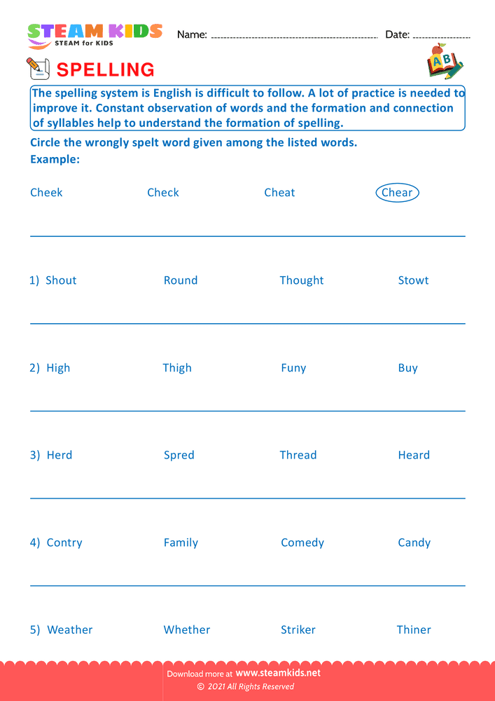 Free English Worksheet - Spellings - Worksheet 2