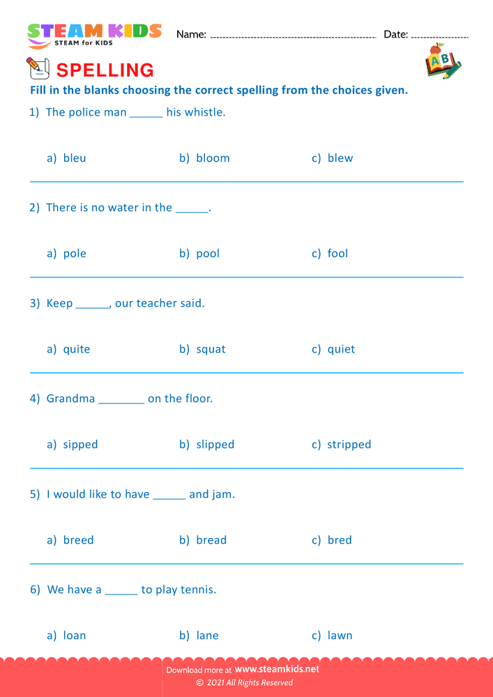 Free English Worksheet - Spellings - Worksheet 9