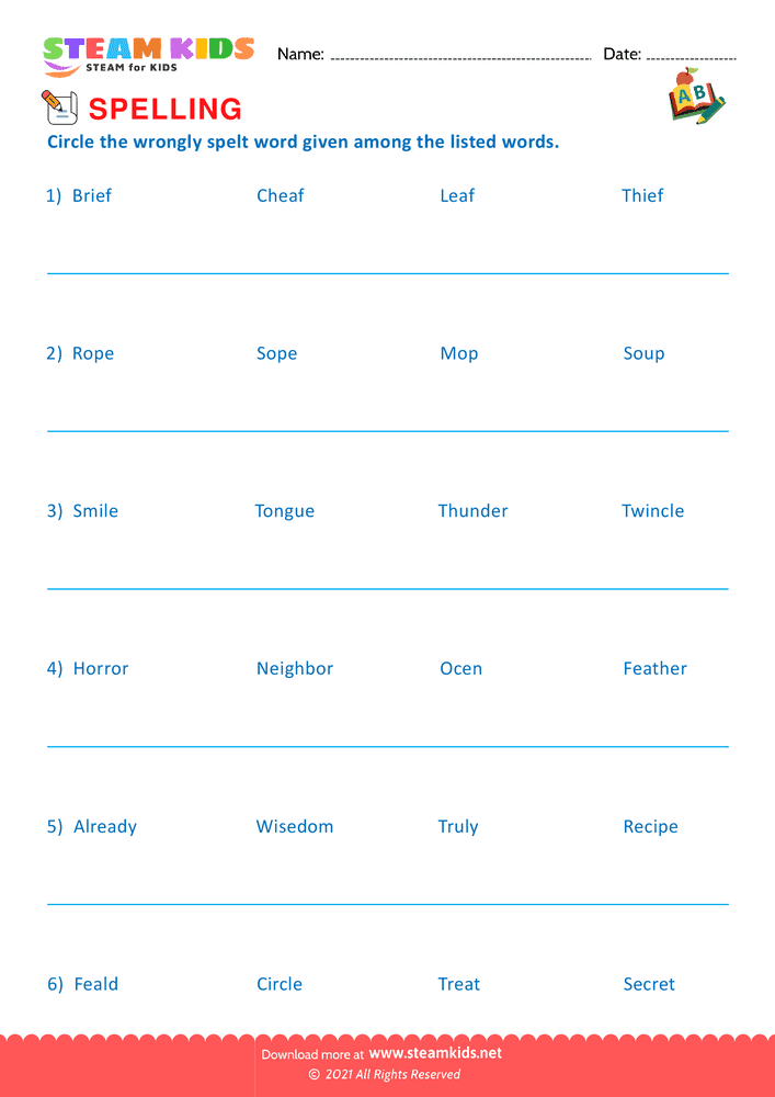 Free English Worksheet - Spellings - Worksheet 13