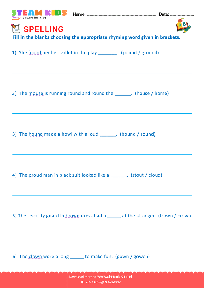 Free English Worksheet - Spellings - Worksheet Rhyming Words - Worksheet 5