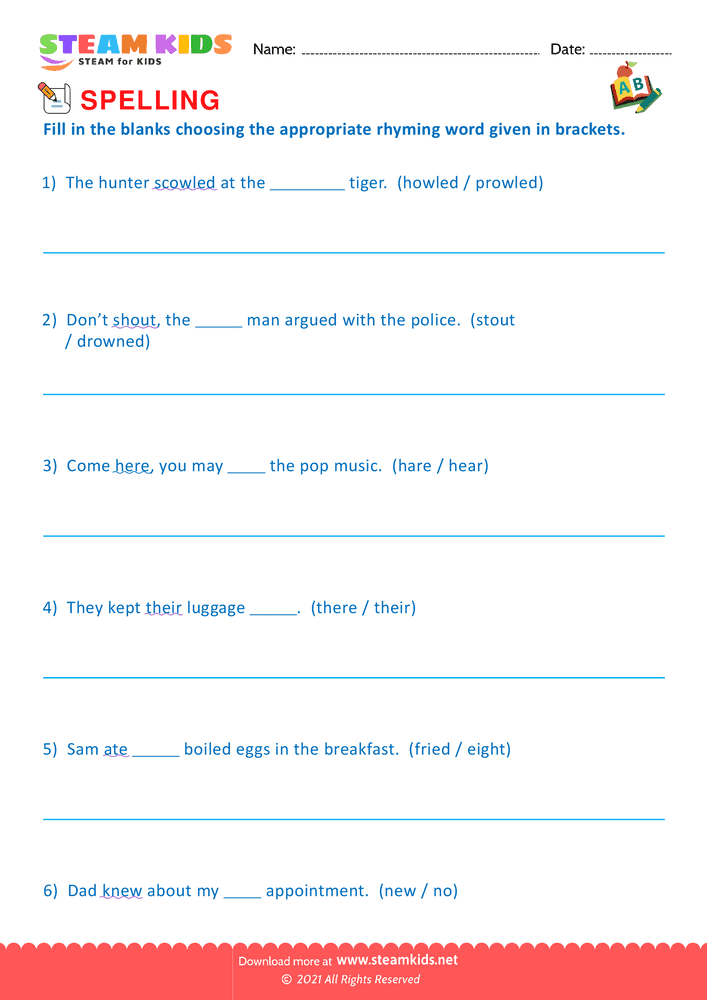 Free English Worksheet - Spellings - Worksheet Rhyming Words - Worksheet 6