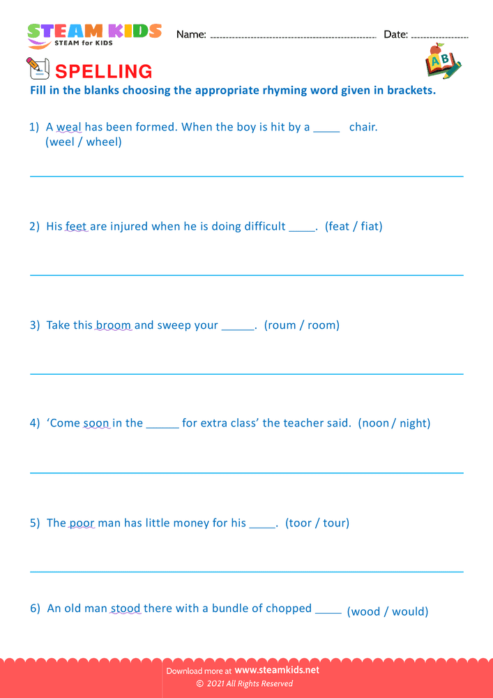 Free English Worksheet - Spellings - Worksheet Rhyming Words - Worksheet 7