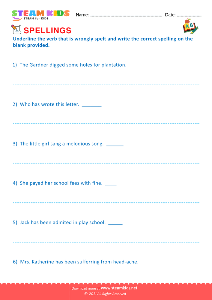 Free English Worksheet - Plurals & Verb Forms - Worksheet 5