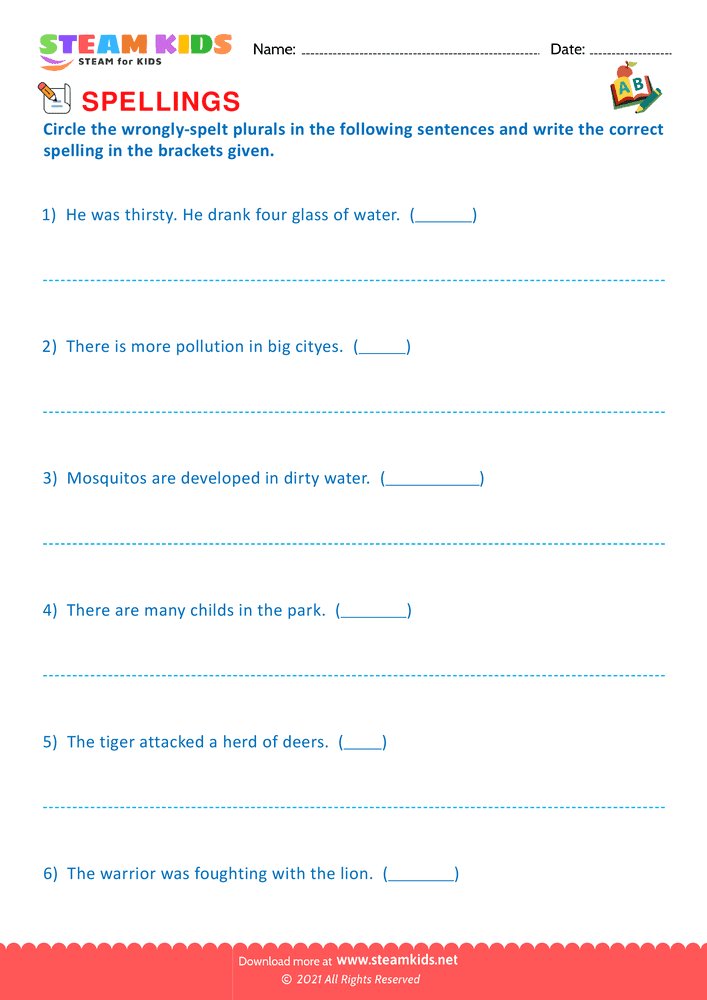 Free English Worksheet - Plurals & Verb Forms - Worksheet 6