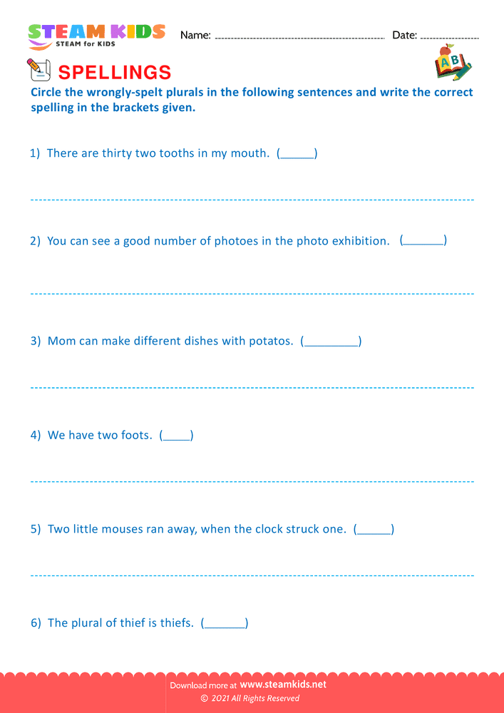 Free English Worksheet - Plurals & Verb Forms - Worksheet 7