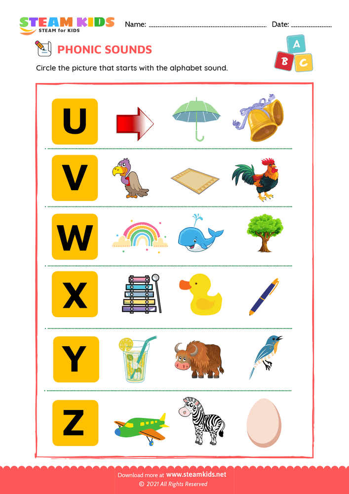 Free English Worksheet - Phonic sound u to z