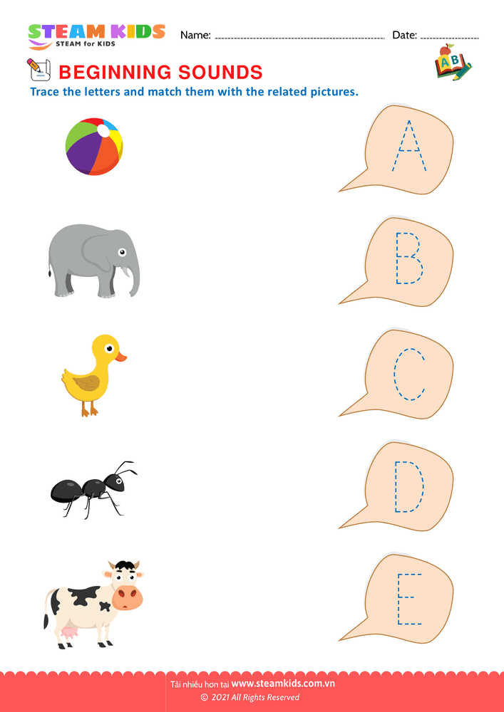 Free English Worksheet - Beginning Sounds A to E