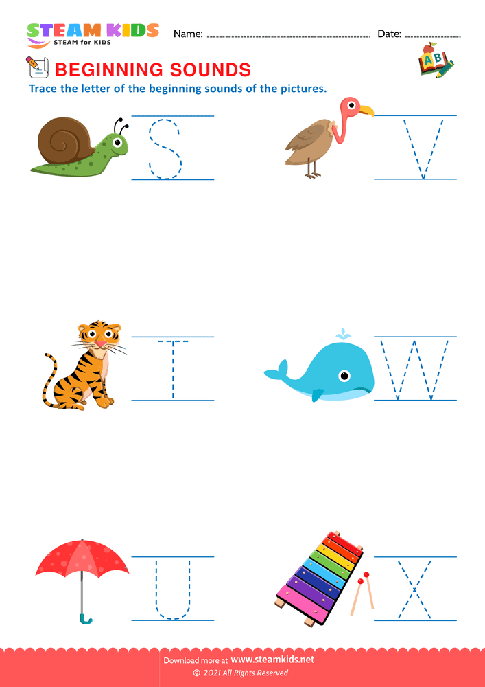 Free English Worksheet - Beginning Sounds S to X