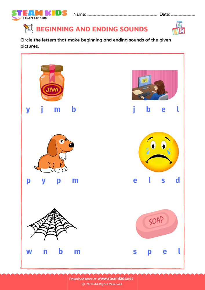 Free English Worksheet - Beginning & Ending Sounds - Worksheet 24