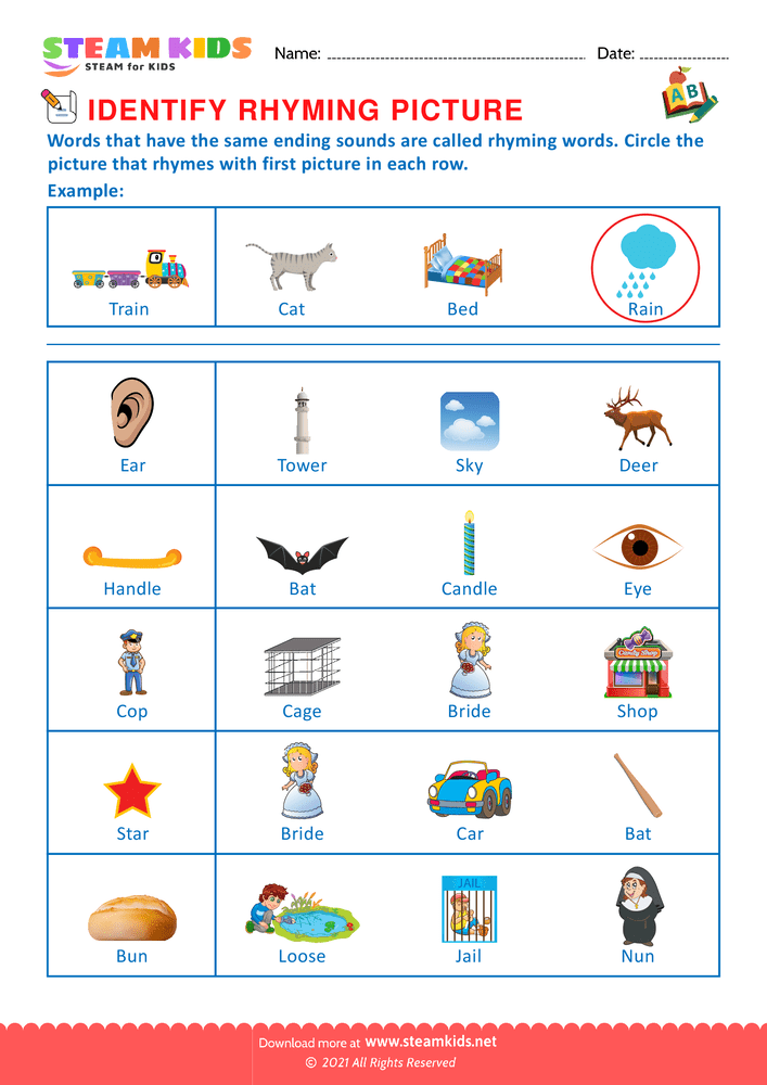 Free English Worksheet - Identify Rhuming picture - Worksheet 1