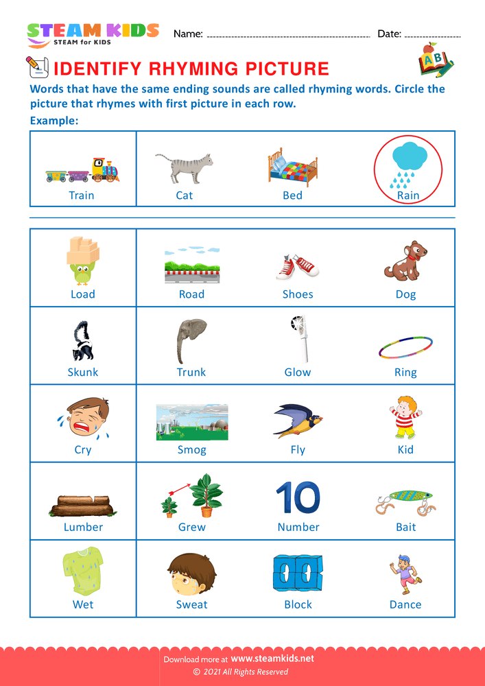 Free English Worksheet - Identify Rhuming picture - Worksheet 7