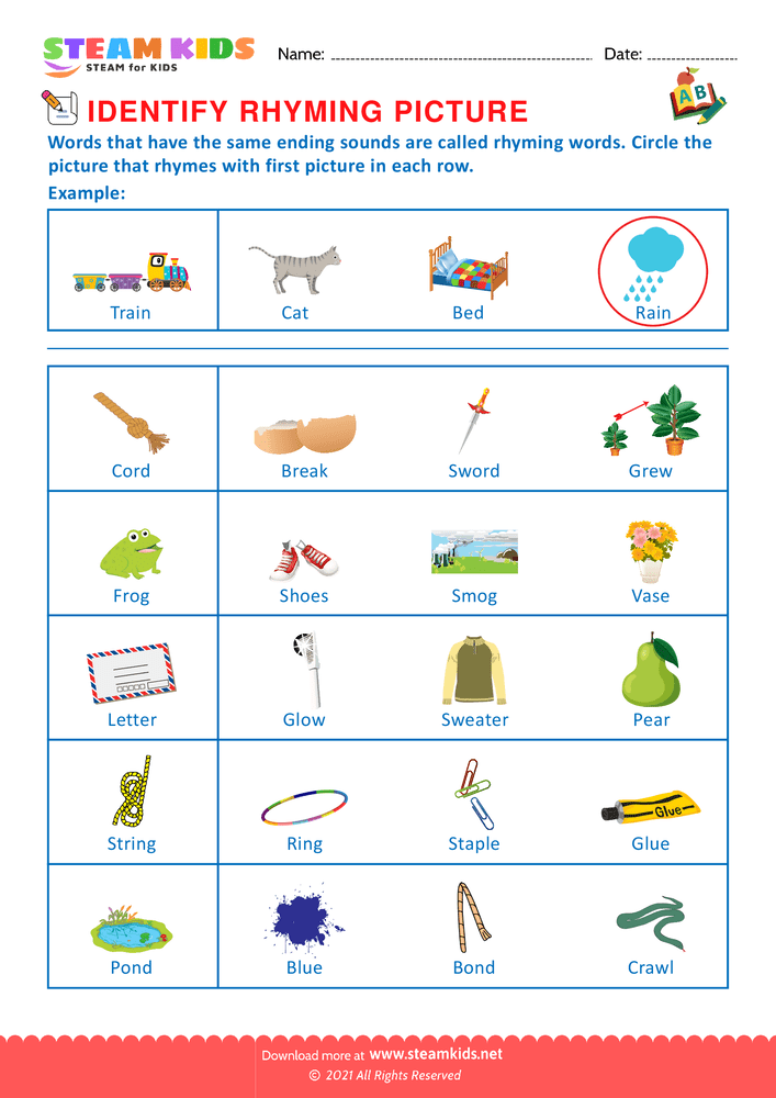 Free English Worksheet - Identify Rhuming picture - Worksheet 12