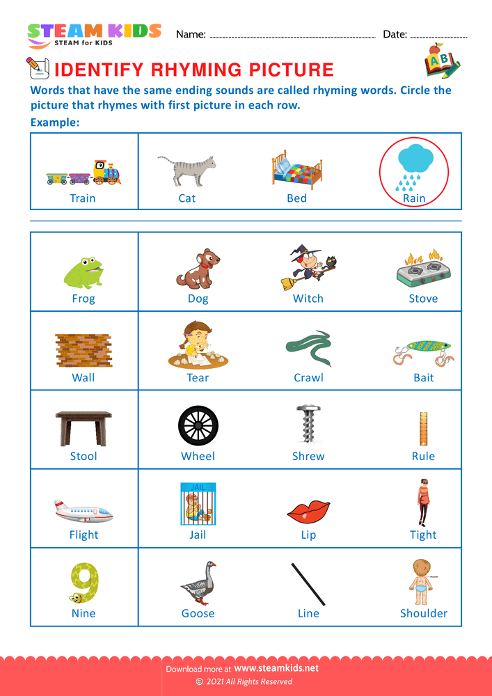 Free English Worksheet - Identify Rhuming picture - Worksheet 14