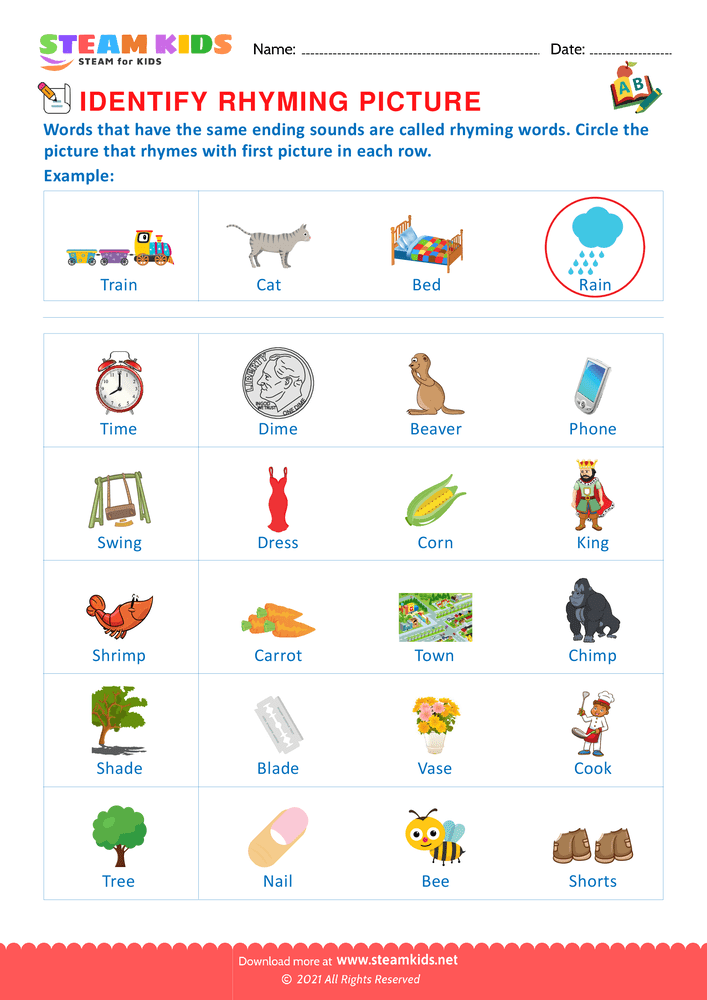 Free English Worksheet - Identify Rhuming picture - Worksheet 15