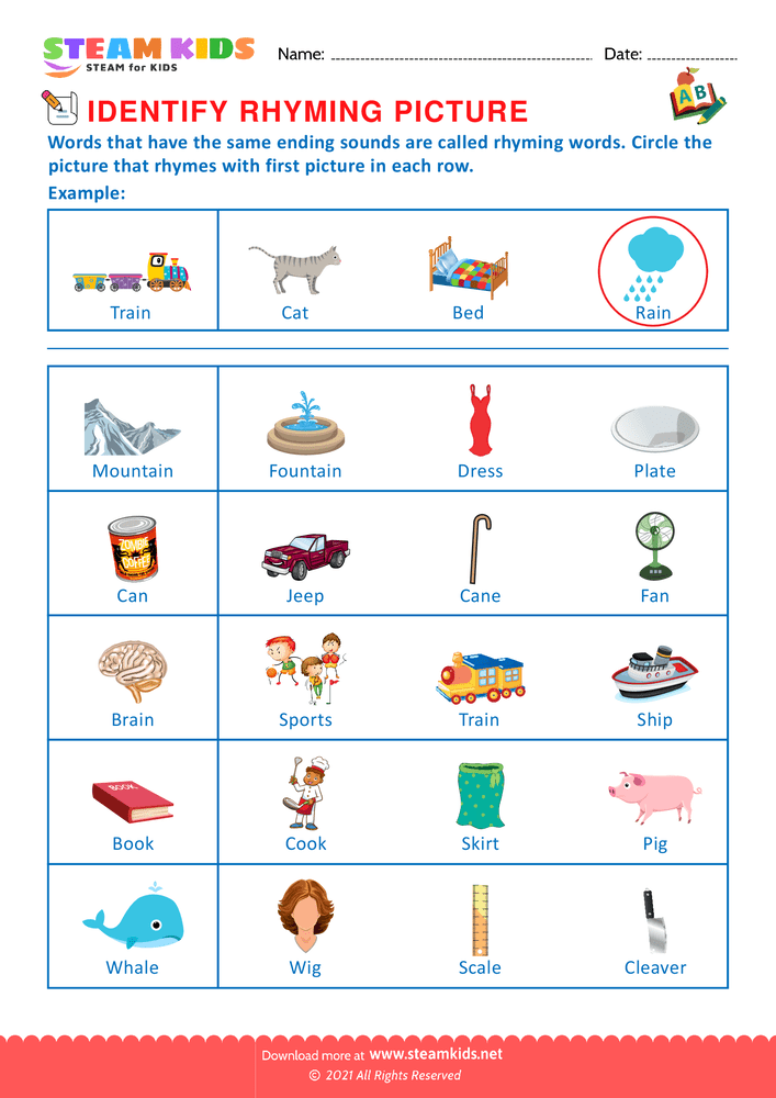 Free English Worksheet - Identify Rhuming picture - Worksheet 19