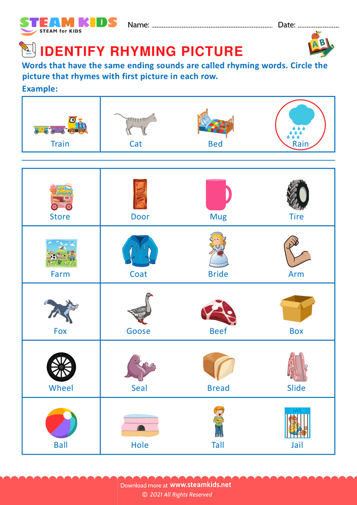 Free English Worksheet - Identify Rhuming picture - Worksheet 23