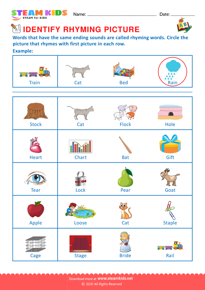 Free English Worksheet - Identify Rhuming picture - Worksheet 24