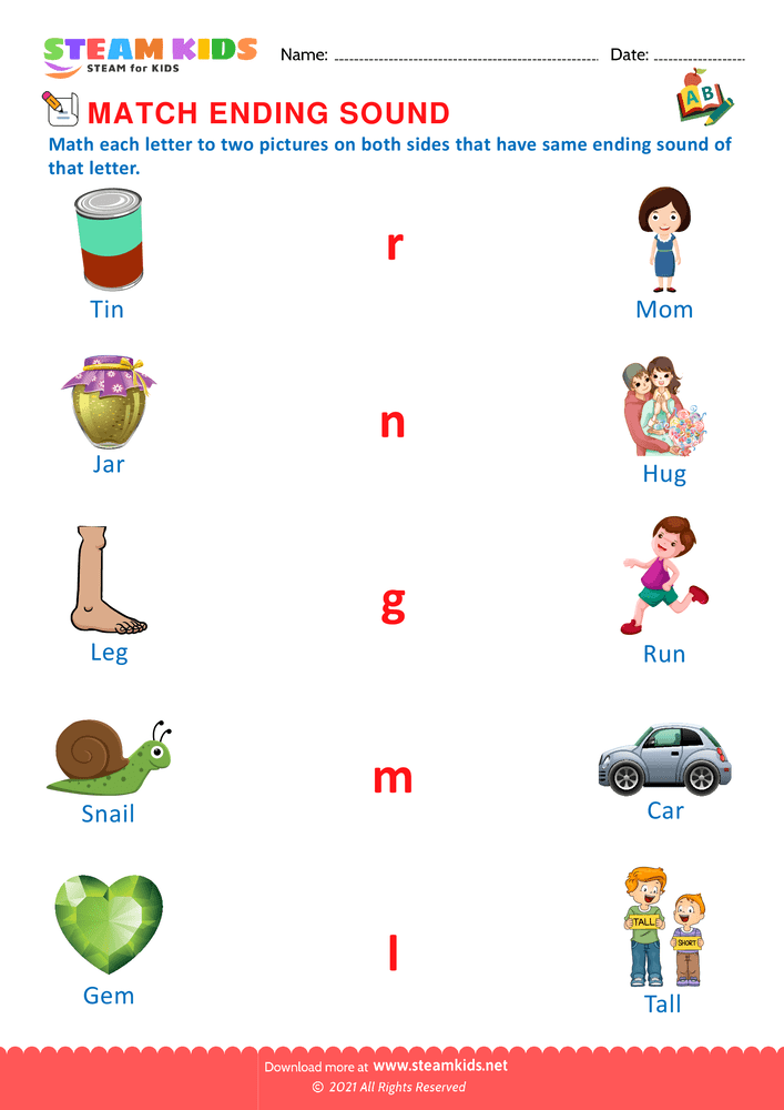 Free English Worksheet - Match ending sounds - Worksheet 4