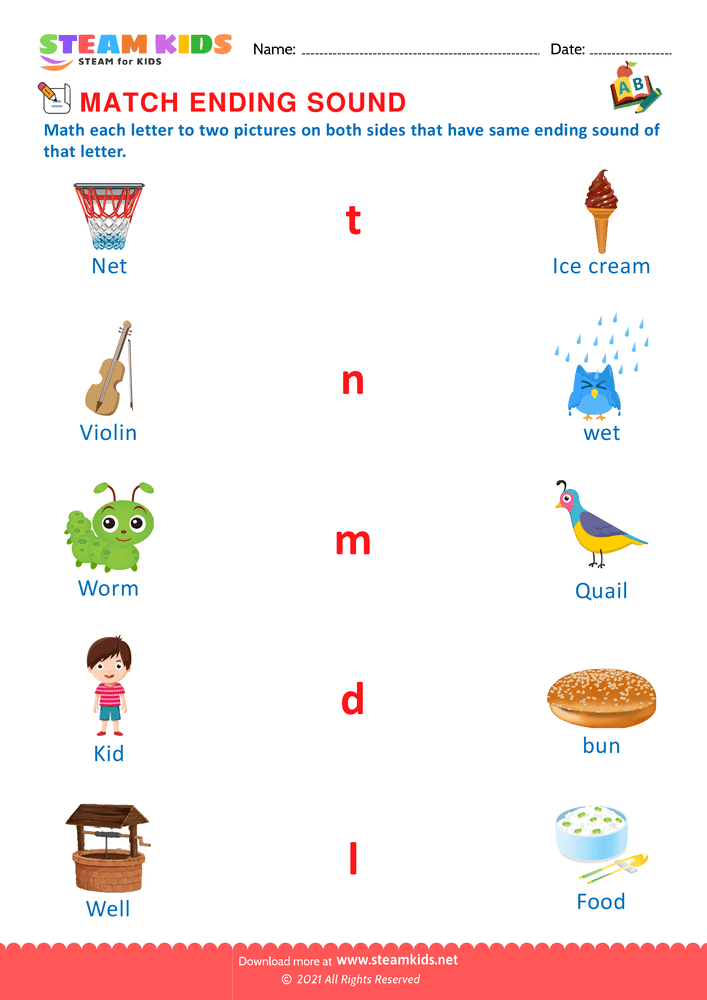 Free English Worksheet - Match ending sounds - Worksheet 12