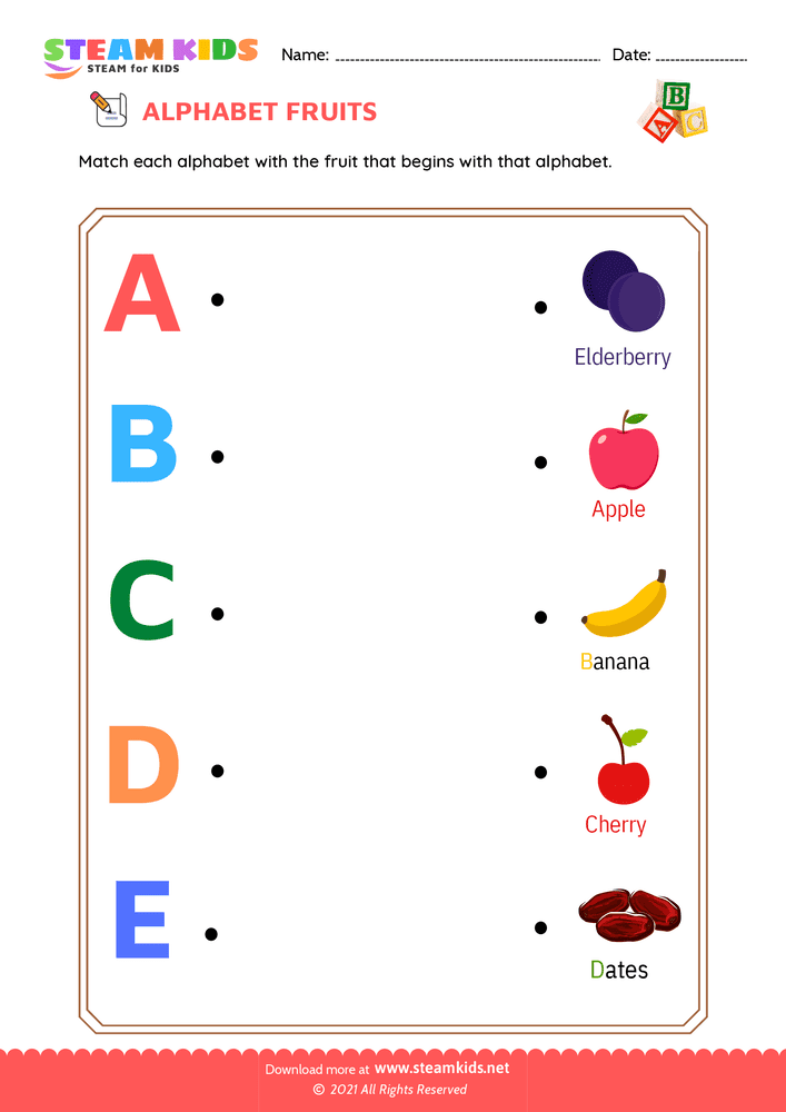 Free English Worksheet - Match Alphabet Fruits a to e