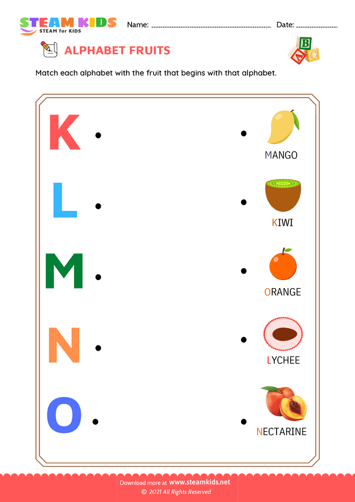 Free English Worksheet - Match Alphabet Fruits a to o