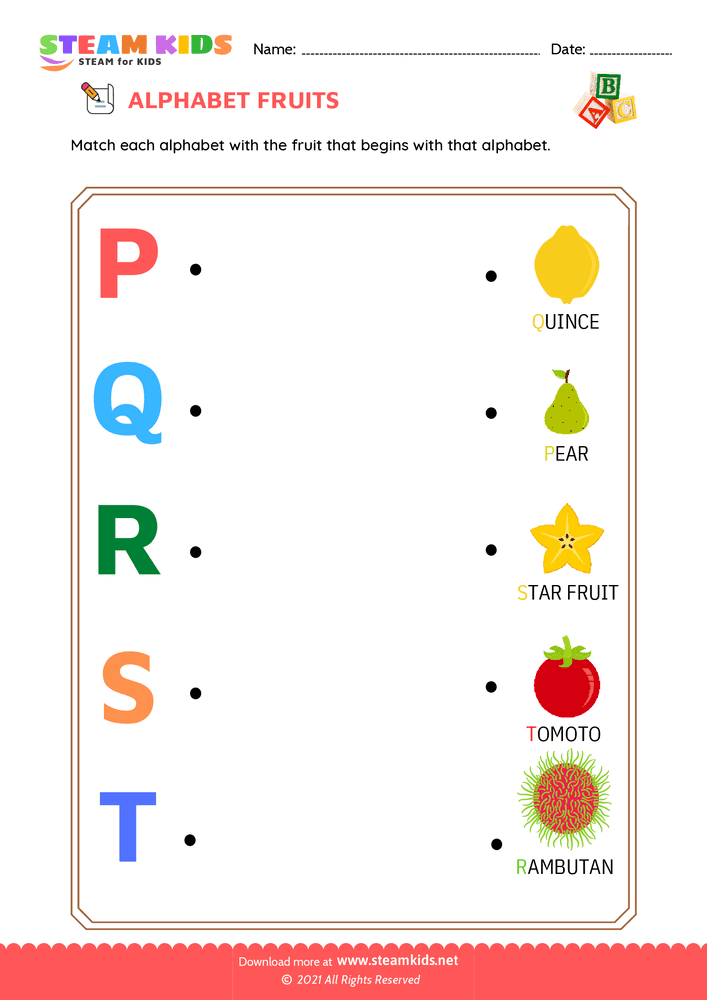 Free English Worksheet - Match Alphabet Fruits a to t