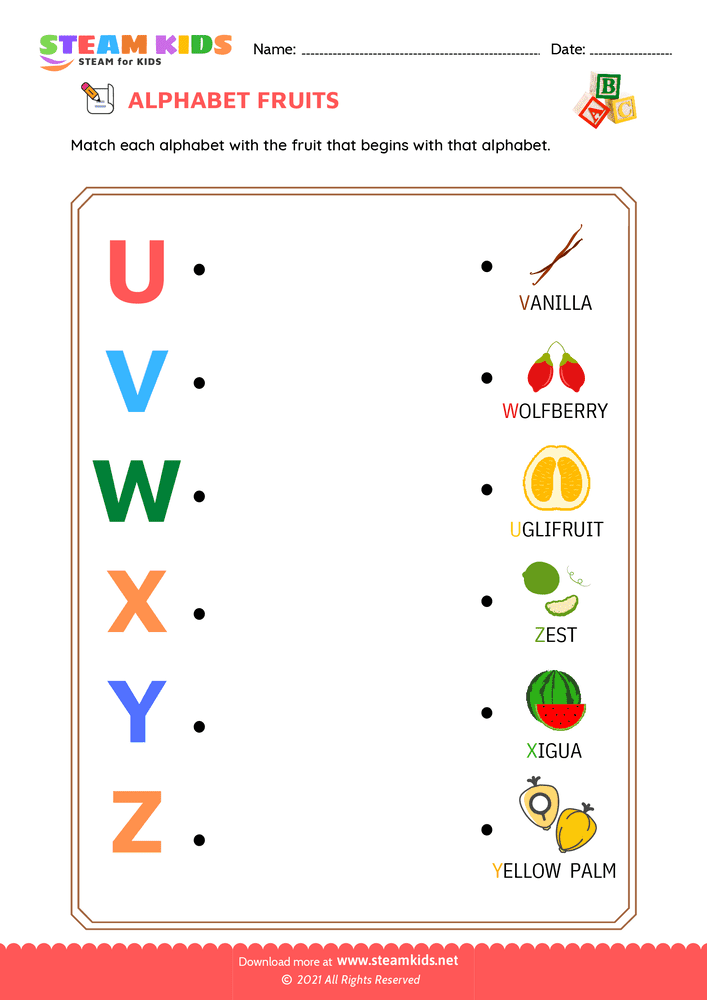Free English Worksheet - Match Alphabet Fruits a to z