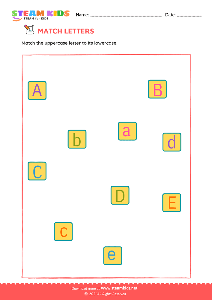 Free English Worksheet - Match upper and lowercase letters a to e