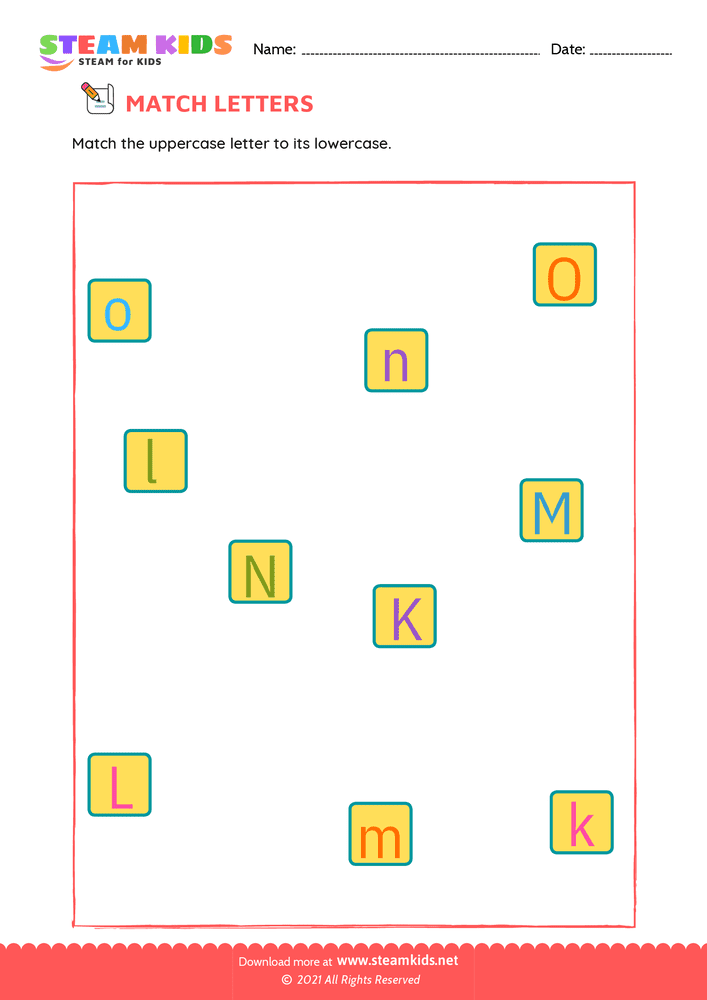 Free English Worksheet - Match upper and lowercase letters k to o