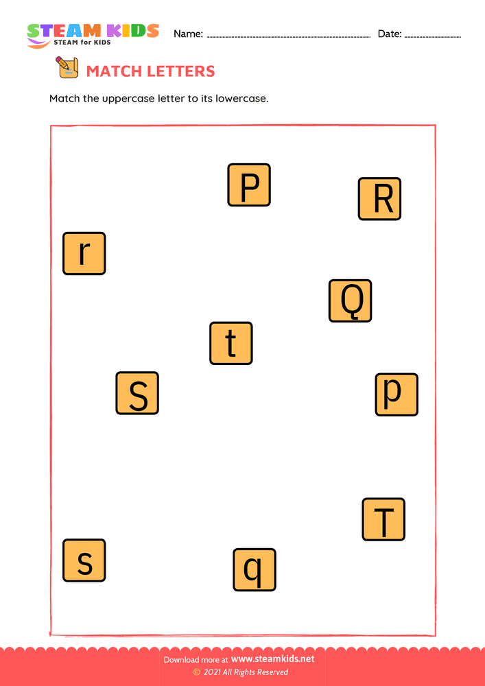 Free English Worksheet - Match upper and lowercase letters p to t