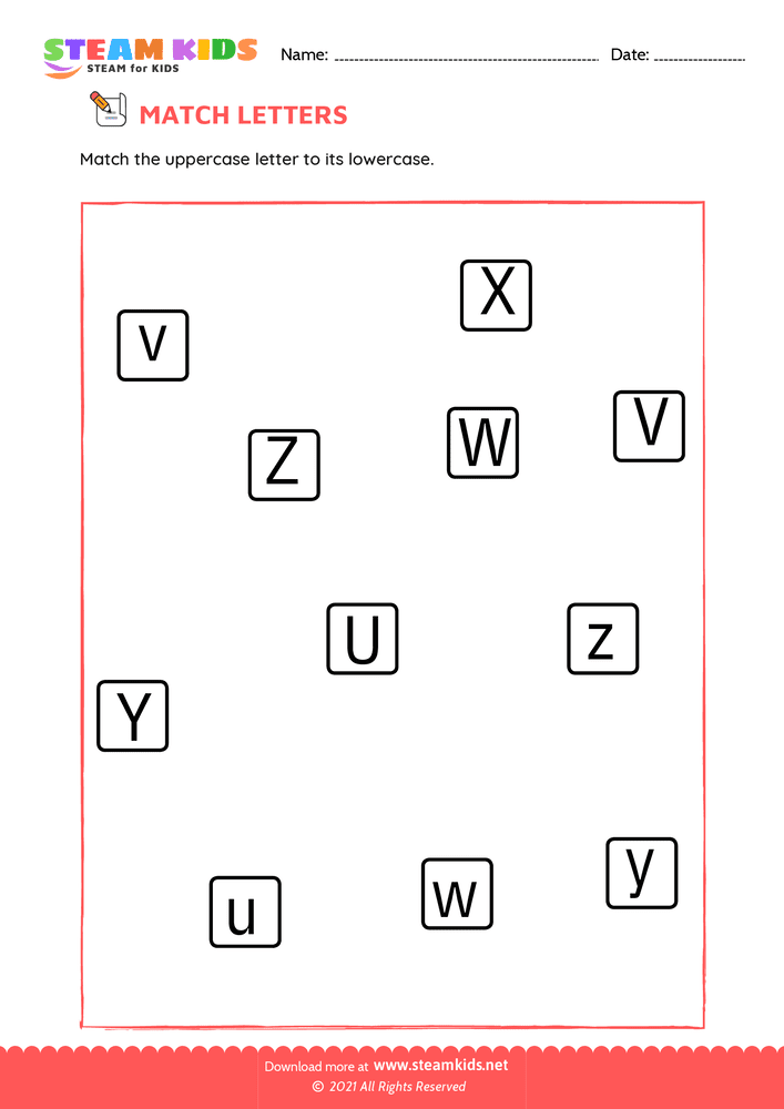 Free English Worksheet - Match upper and lowercase letters u to z