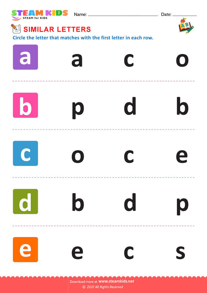 Free English Worksheet - Letters that look similar lowercase a to e