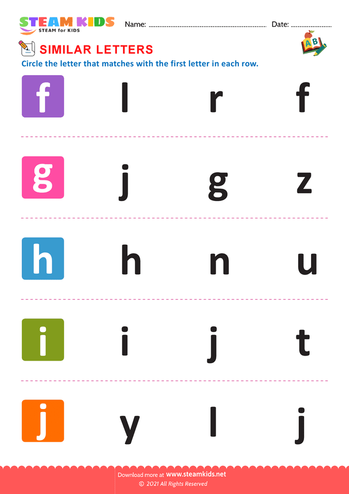 Free English Worksheet - Letters that look similar lowercase f to j