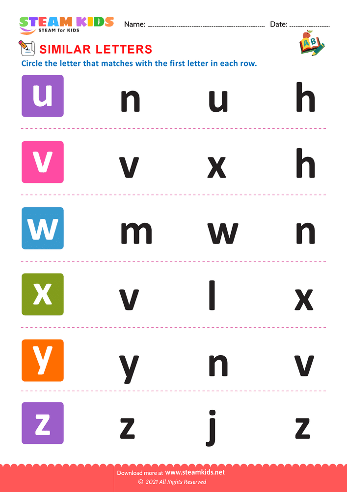 Free English Worksheet - Letters that look similar lowercase u toz