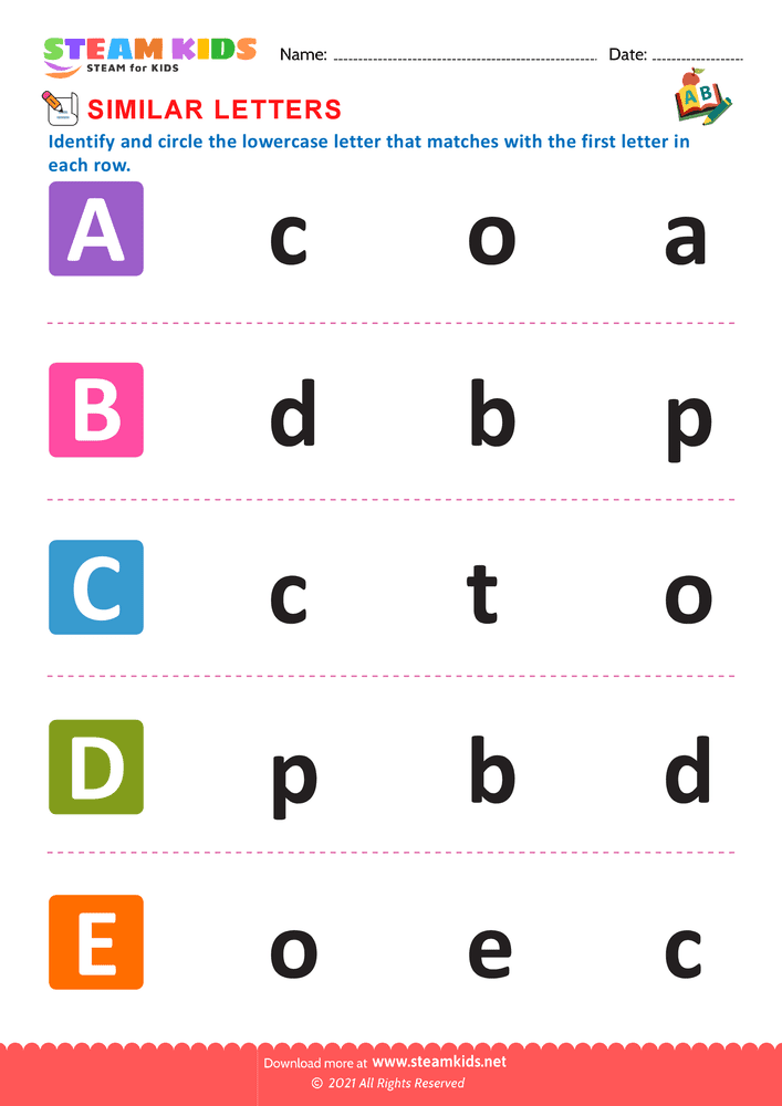 Free English Worksheet - Letters that look similar to lowercase a to e