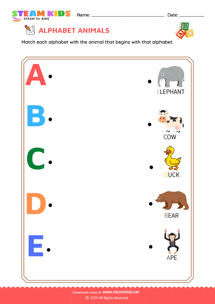 Free English Worksheet - Match Alphabet Animals a to e