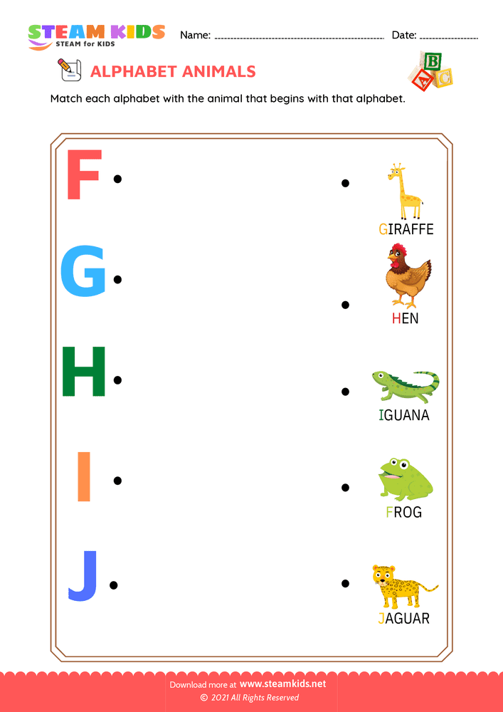 Free English Worksheet - Match Alphabet Animals a to j