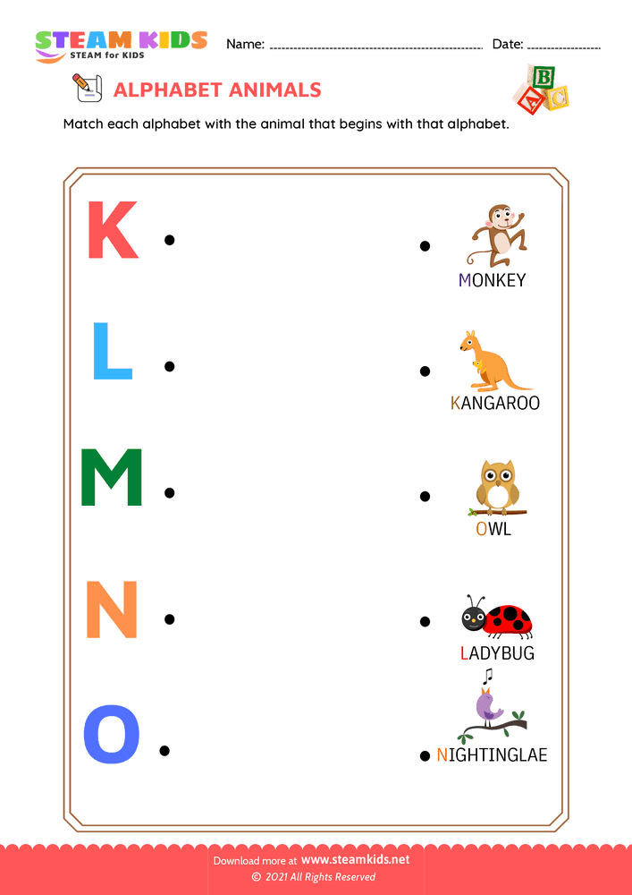 Free English Worksheet - Match Alphabet Animals a to o