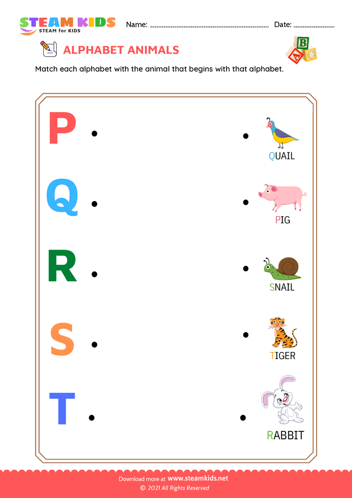 Free English Worksheet - Match Alphabet Animals a to t