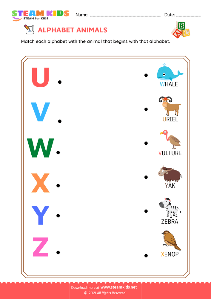 Free English Worksheet - Match Alphabet Animals a to z