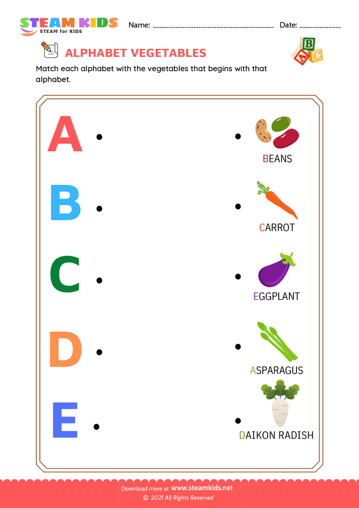 Free English Worksheet - Match Alphabet Vegetables a to e