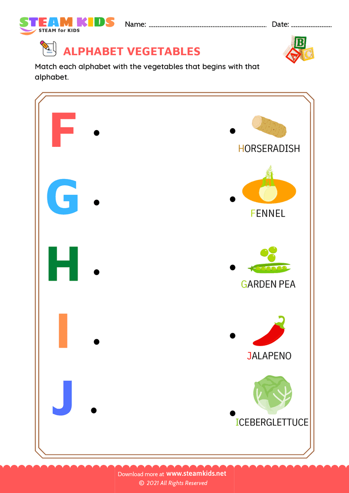 Free English Worksheet - Match Alphabet Vegetables f to j