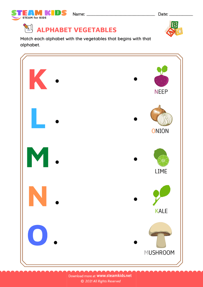 Free English Worksheet - Match Alphabet Vegetables k to o