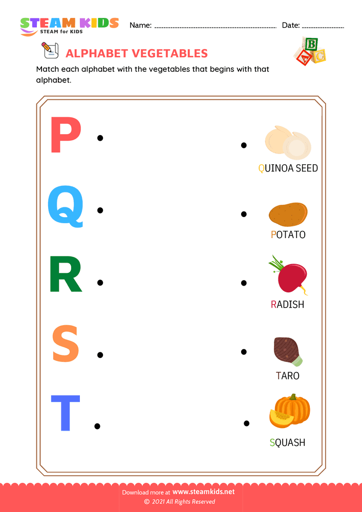 Free English Worksheet - Match Alphabet Vegetables p to t